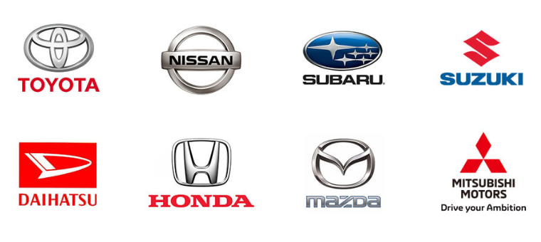 トヨタ、日産、スバル、スズキ、ダイハツ、ホンダ、マツダ、三菱自動車のロゴ